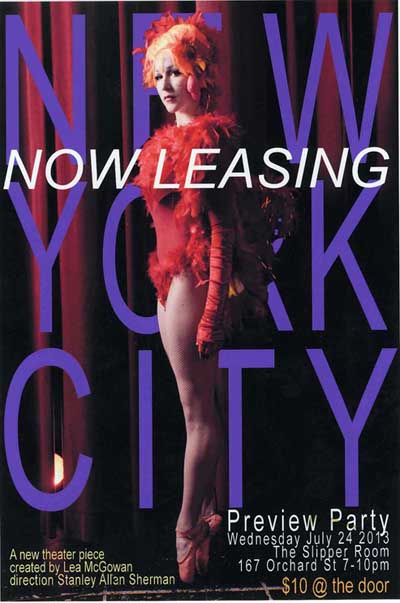 Now Leasing preview Party flyer with Lea McGown in a classy chicken costume on ballet point.